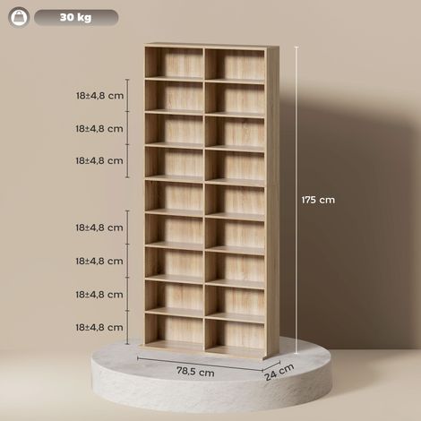 Meuble à DVD à 9 niveaux avec 18 compartiments et 14 étagères réglables, pouvant contenir 640 CD, 360 DVD ou 430 Blu-ray, en bois naturel (1/5)
