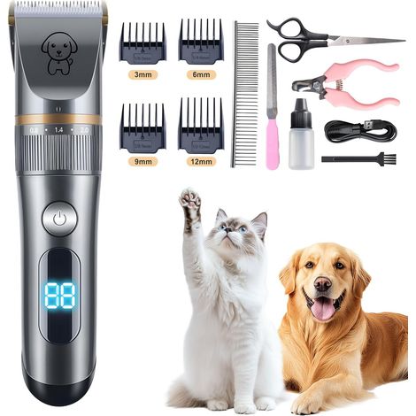 Tondeuse Chien Professionnelle, Tondeuse Silencieuse pour Chiens sans Fil avec Ecran LED et 4 Peignes Limite, Lames en Céramique Amovibles, 12 Accessoires, IPX7 Étanche pour Chien/Chat (1/5)