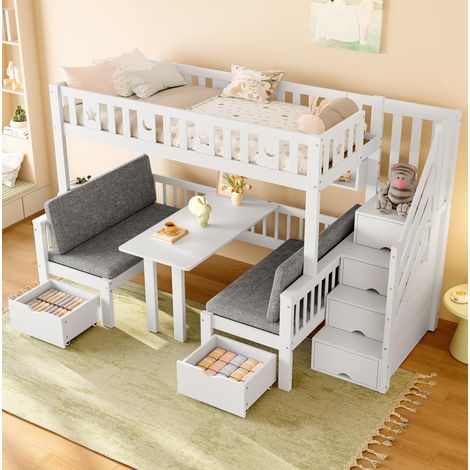Cama alta infantil 90x200 cm, convertible en cama y escritorio, escalera con almacenaje, madera de pino, blanca (1/5)