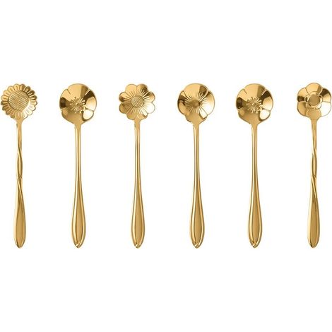 Lot de 6 Cuillères à Café et Dessert en Acier Inoxydable Dorées avec Motif Fleur - PANGIVO (1/5)
