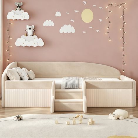 Letto per bambini 90 x 190 cm imbottito in velluto con gradini e sponde, beige DESVIAE (1/5)