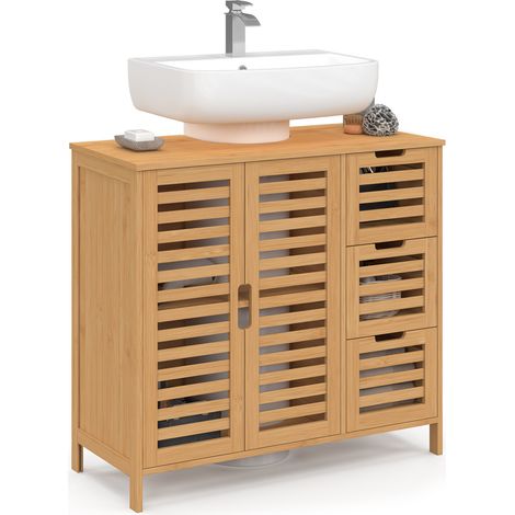 Meuble sous lavabo salle de bain bambou BEA avec placard et 3 tiroirs