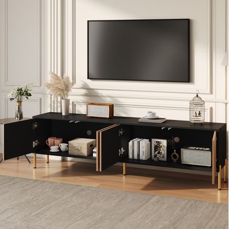 Mueble para TV de tablero de partículas negro y natural, 179 x 35 x 53,5 cm, 4 puertas y patas metálicas doradas (1/5)