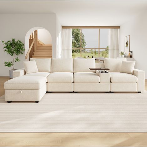 Divano modulare a L 313x147x82 cm, con contenitore, porte USB e Type C, tavolino girevole 360 gradi, chenille beige (1/5)