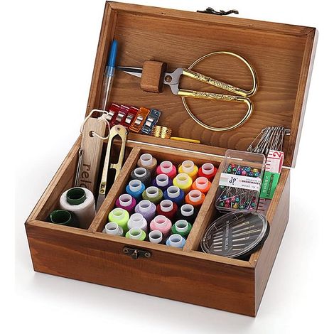 Panier de boîte de kit de couture, Kit d'outils de réparation de couture à main en bois, Accessoires de kit de couture universel débutant
