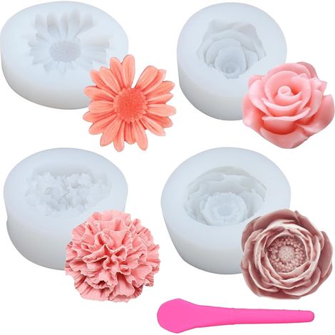 Lot de 4 Moules Silicone 3D Formes de Fleurs: Rose, Camélia, Chrysanthème, Œillet – Créatives pour Bougies, Savons, Résine Epoxy, Pâtisserie – Inclus Spatule – Kit DIY pour Décorations Maison (1/5)