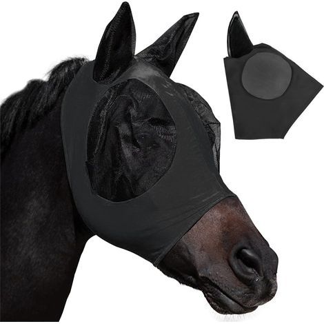 1 x Horse Fly Mask with Ear Protection, Breathable Mesh, Anti-UV, Anti-Mosquito, Insect, Elastic Brake Mask (Black) (1/5)