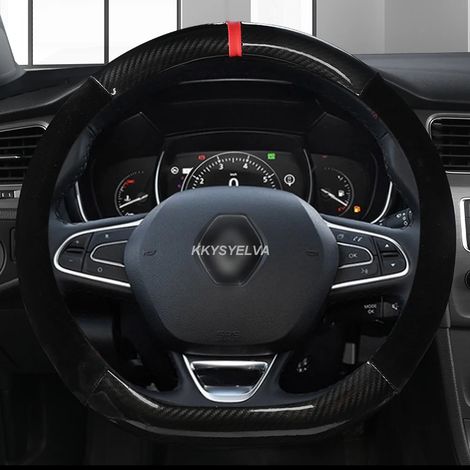 (Forme en D 38 cm) Housse de volant en cuir et fibre de carbone 37-38 cm, compatible avec Renault Clio 2, 3, 4 et 5. Accessoires auto en cuir. (1/5)