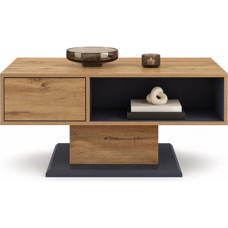 Table basse avec rangement double face 100 cm grise et bois clair, avec compartiment intérieur et étagères ouvertes, design moderne pour salon bureau – CHICFURN (1/5)