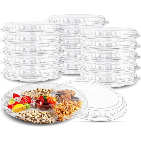 15er-Pack Servierteller mit Deckel, 31 cm Vorspeisenplatte mit 6 Fächern, wiederverwendbare, unterteilte Teller, runde Servierplatte für Buffet, Partys und Catering, transparent (1/5)