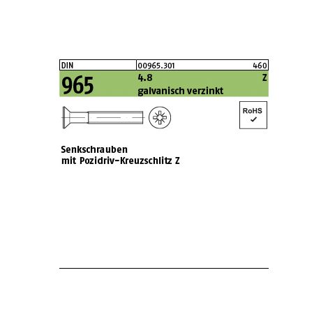 DIN 965/ISO 7046 Form CZ Senkkopfschraube M5x20 Stahl 4.8 galvanisch verzinkt PZ 1000 Stk