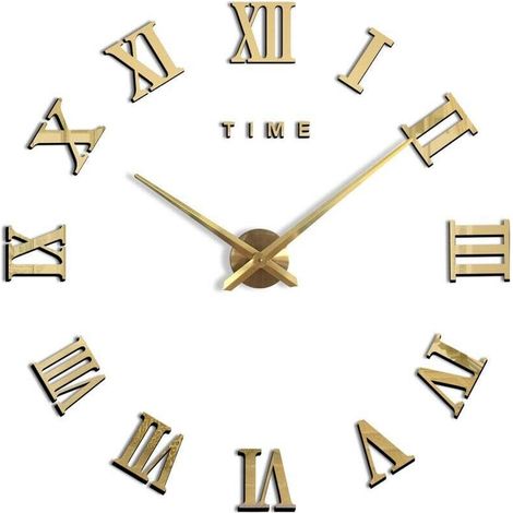 Moderne DIY-Wanduhr mit großen römischen Ziffern, große Uhrenaufkleber, 3D-Wanduhr, Dekoration für Zuhause und Büro, abnehmbar (Batterie nicht enthalten), Gold, 70–120 cm