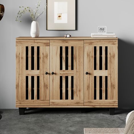 Buffet en panneaux de particules décor bois naturel 120 x 32 x 92 cm, 3 portes, 8 compartiments (1/5)
