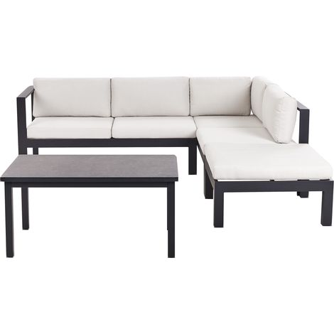 Conjunto de jardín 5 plazas sofá y mesa estructura negra tablero de vidrio y cojines blanco crema Messina