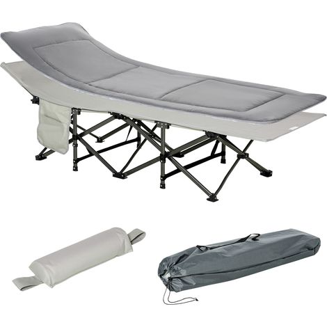 Klappbares Feldbett/Sonnenliege mit Matratze, Kopfstütze, Seitentasche und integrierter Tasche, aus Metall und Oxford-Gewebe, grau