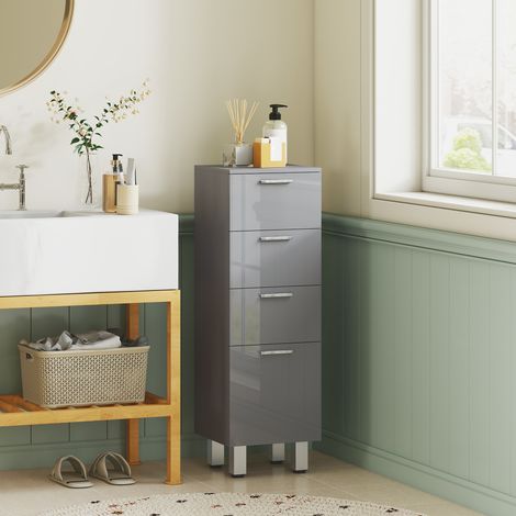 Meuble de salle de bain gris lisse en panneau de particules, 4 tiroirs de rangement autoportant pour salle d’eau (1/5)