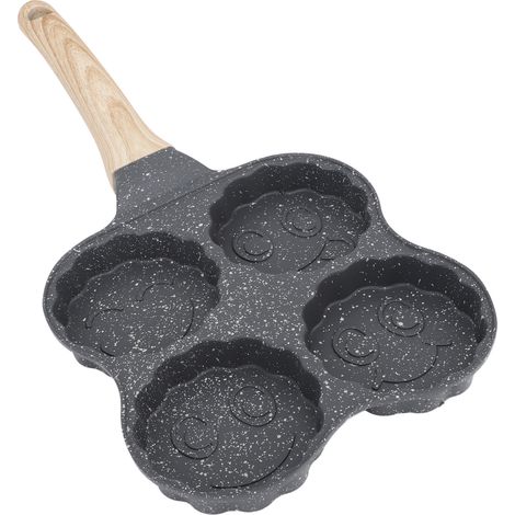 Poêle à œufs en aluminium 4 tasses, antiadhésive, avec manche en bois, facile à nettoyer, compatible avec les plaques à gaz et à induction (version smiley). (1/5)