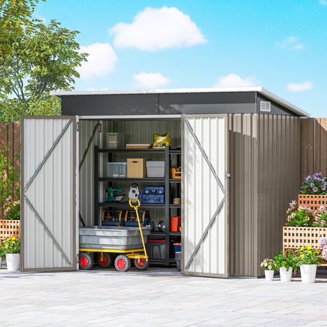 Caseta de jardín metálica, cabaña de jardín exterior con puertas triples con cerradura, techo inclinado y ventilación, 234x132x185cm, gris (1/5)