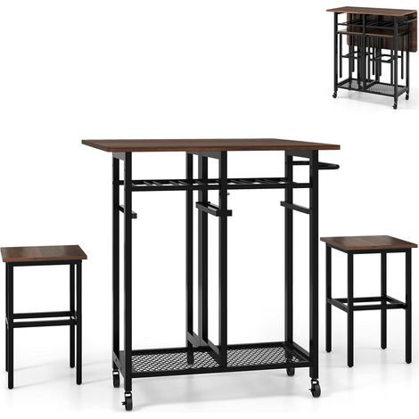 Costway – Table extensible 39-74 cm avec 2 tabourets – 5 roulettes avec frein – Porte-bouteilles 6 places – Design compact pour espaces réduits (1/5)