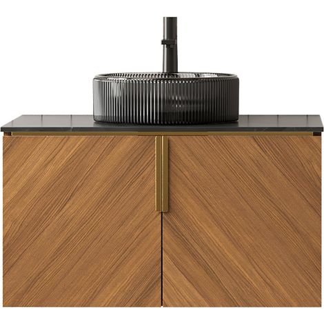 Mueble de baño suspendido 76 cm con lavabo redondo de vidrio negro y encimera sinterizada (1/5)