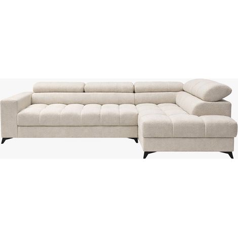 EMMA MINI Canapé d'angle convertible avec coffre et têtières relevables en tissu beige - Angle droit (1/5)