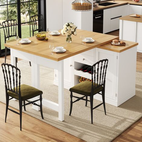 Îlot de cuisine extensible avec table à manger, pivotant à 360, avec casier à vin et étagères à apéritif, portes magnétiques,blanc