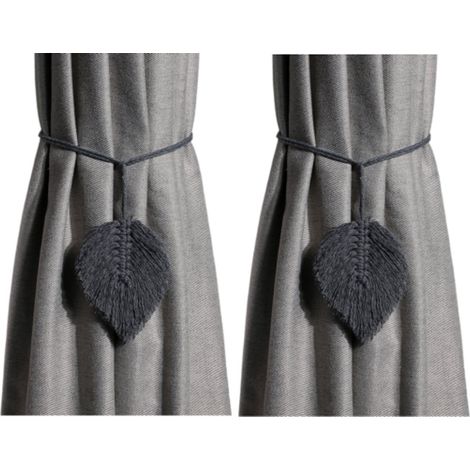 Attache-rideaux - Crochet d'attache-rideaux - Attaches-rideaux - Boucle de rideau à pompon tressé - Nœud de rideau feuille fait main - Gris - 116 cm de long - Lot de 2 (1/4)