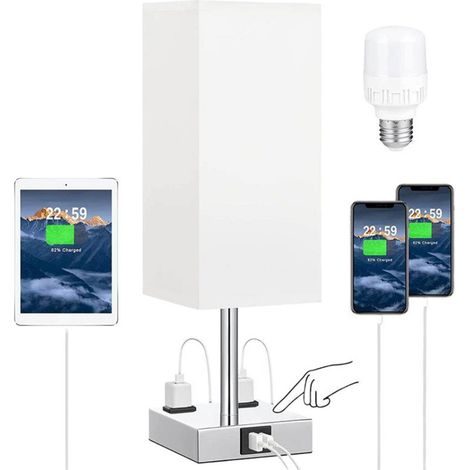 Lampe de chevet tissu abat-jour LED 3000K tactile dimmable 2 ports USB A/C 2 prises courant blanche beige rose verte bleue (1/4)