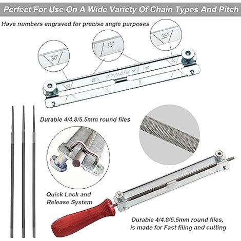 Kit d'affûtage universel pour chaîne de tronçonneuse portative : 11 pièces avec limes rondes 4/4,8/5,5 mm, lime plate, manche, guide-lime et pochette. (1/3)