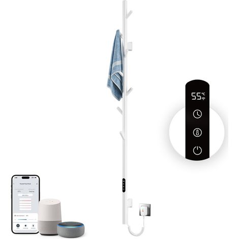 Radiador Toallero Eléctrico, Radiador eléctrico de una sola varilla inteligente WIFI,Tendedero de ropa de pared con pantalla LED, Termostato y 7 ganchos,Bajo Consumo De Energía Towel Warmer,Blanco (1/5)