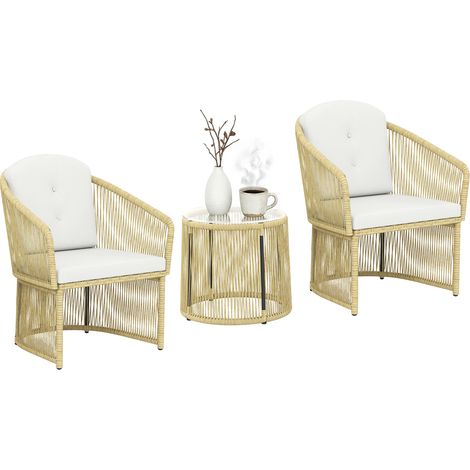 Ensemble bistro rotin 3 pièces table ronde verre fauteuils coussins blanc crème mobilier jardin balcon terrasse élégant