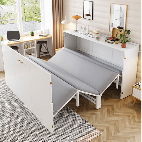 Cama abatible 140x200 cm moderna, madera y metal blanco, con colchón de lino y ruedas silenciosas (1/5)