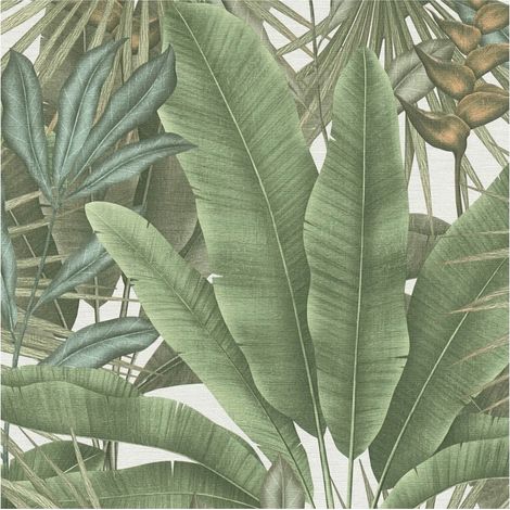 Carta da parati natura Profhome 396472 Carta da parati TNT goffrata a caldo leggermente strutturata con design giungla opaca verde bianco beige 5,33 m2 (1/5)