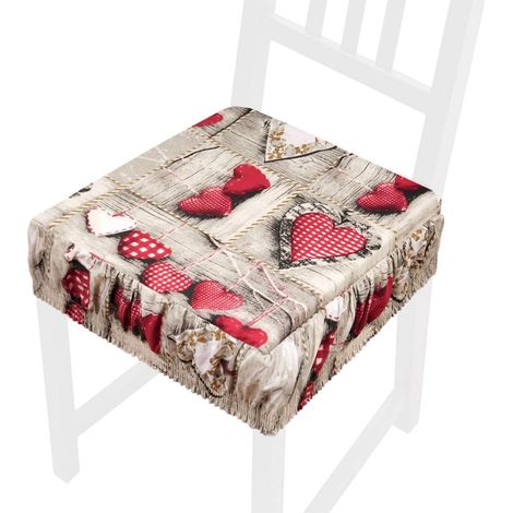 Cuscino Sedia Cotone Sfoderabile Lavabile Fascia Elastica Coprisedia Shabby Chic Cuori 100% Made In Italy