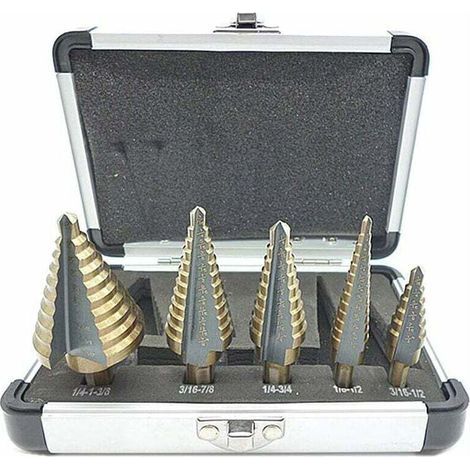Set di 5 punte da trapano a gradini, con custodia professionale in alluminio, attacco esagonale e base autocentrante, per forature precise in acciaio e metallo. (1/4)