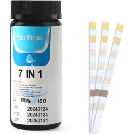 7 en 1 Testeur pour Eau de Piscine et Spa, 50 Bandelettes Test Piscine, Test Piscine Chlore et ph, Le Brome, la Dureté Totale, l’Alcalinité Totale, l’Acide cyanurique, Le Chlore Total