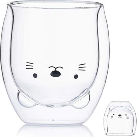 Tasse de café Double paroi isolée Coupe à Lunettes Animal Mignon thé Lait Tasses Cadeau Original pour Noël Action de graces Copains (Chat)-Fei Yu (1/5)