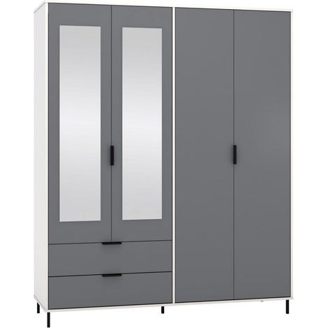 Madrid 4 Door 2 Drawer Mirrored Wardrobe - L52 x W160 x H196 cm - Grey/White Gloss (1/4)