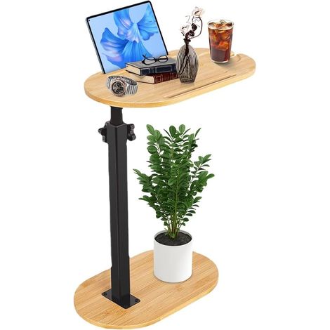 Table d'appoint en forme de C - Réglable en hauteur - Rotation à 360° - Petite table d'appoint en bambou - 40 x 22 cm - Petite table basse avec fente pour téléphone (1/5)