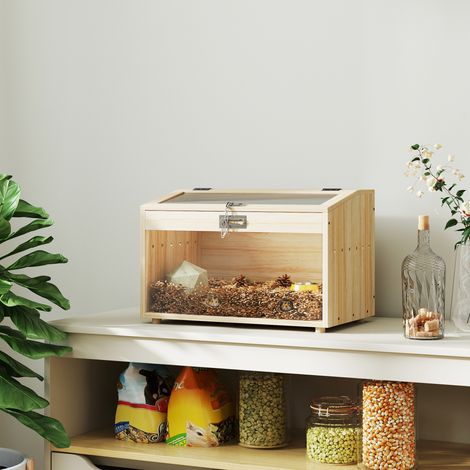 Jaula de madera para hámster o ratón con tapa abatible y ventana acrílica de 55 x 35 x 35 cm, efecto madera natural.