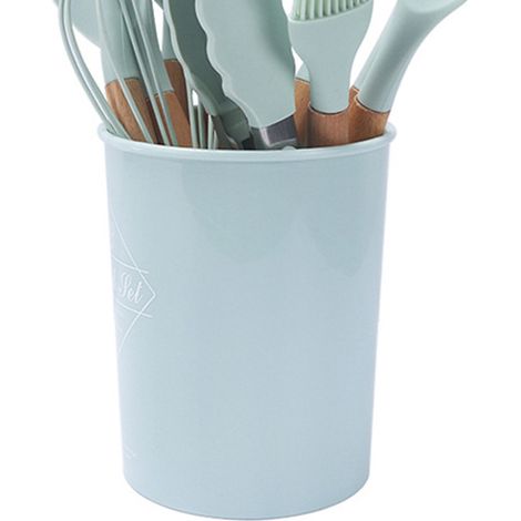Küchenhelfer-Set mit Holzgriff, Silikon, Antihaftbeschichtung, Kochlöffel, Spatel, Pinsel, Schaber und Clip, hellgrün, 11-teilig, Farbbox, runder Eimer (1/5)