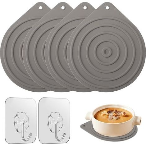 Lot de 4 dessous de plat résistants à la chaleur - En silicone - Antidérapants - Pour garder les aliments au chaud - Avec deux crochets - Convient pour les casseroles, théières et bols (1/5)