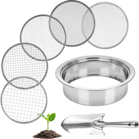 5-en-1 Tamis de Jardinage en Acier Inoxydable,Tamis à Sable avec Mailles Ø 1, 3, 6, 9 et 12 mm,Inclut 1 Pelle à Main pour Terre, Pierres, Compost, Mauvaises Herbes, Sable, Gravier et Graines (1/5)