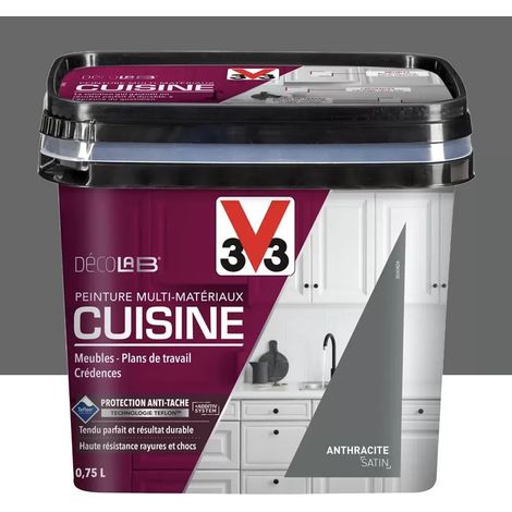 V33 – Peinture multi-matériaux antitache et antichoc pour cuisine – Finition satin anthracite – 0,75 L – Adhère sur tous matériaux