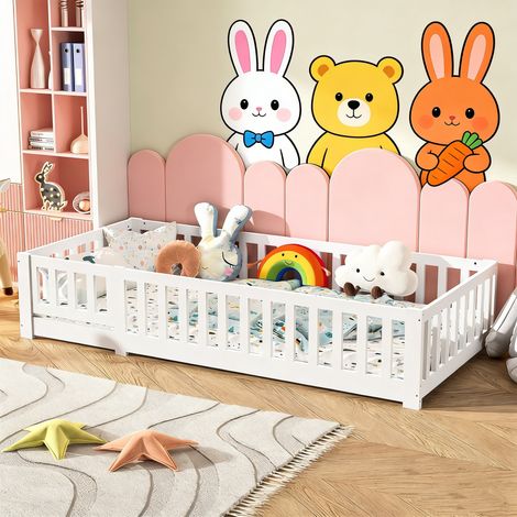 Lit Enfant 90x200cm, Lit au Sol Enfant avec Panneau de Porte Amovible,Barrières de Sécurité,Lit Bas Montessori avec Sommier,Lit 1 Place,Blanc (1/5)