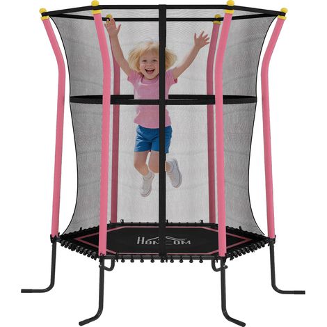 Trampoline enfant, rose, 5 x 190 cm, pour enfant, filet de sécurité, jeu extérieur, format pratique, style facile à associer