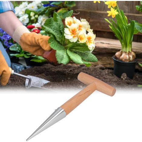 Pot de fleurs en acier inoxydable avec poignée en bois, pot de fleurs portatif léger et robuste pour creuser, semer, repiquer les légumes et ameublir la terre. (1/5)