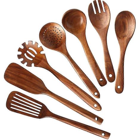 Ensemble d'ustensiles de cuisine en bois de teck, comprenant cuillères, spatule, louche et fourchette (lot de 7), 2025 (1/5)