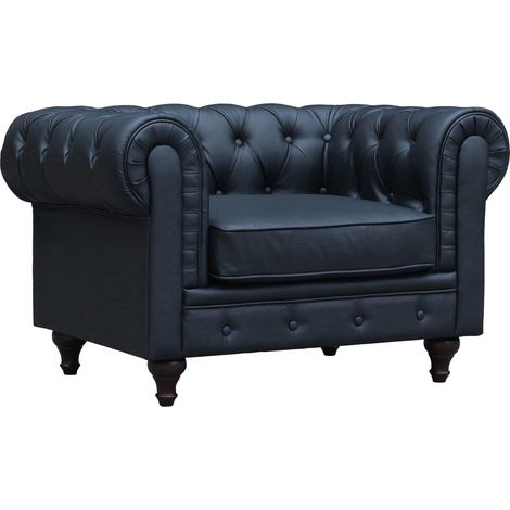 Habitat Et Jardin – Fauteuil club Chesterfield Aliza – Revêtement en PU capitonné – Dimensions 111 x 82 x 70 cm – Couleur noir – Pieds en bois d'eucalyptus