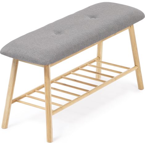 Idmarket – Banc d'entrée en bambou capitonné gris clair – Assise confortable 90x30x45 cm – Étagère à chaussures 75x22 cm – Charge max 120 kg
